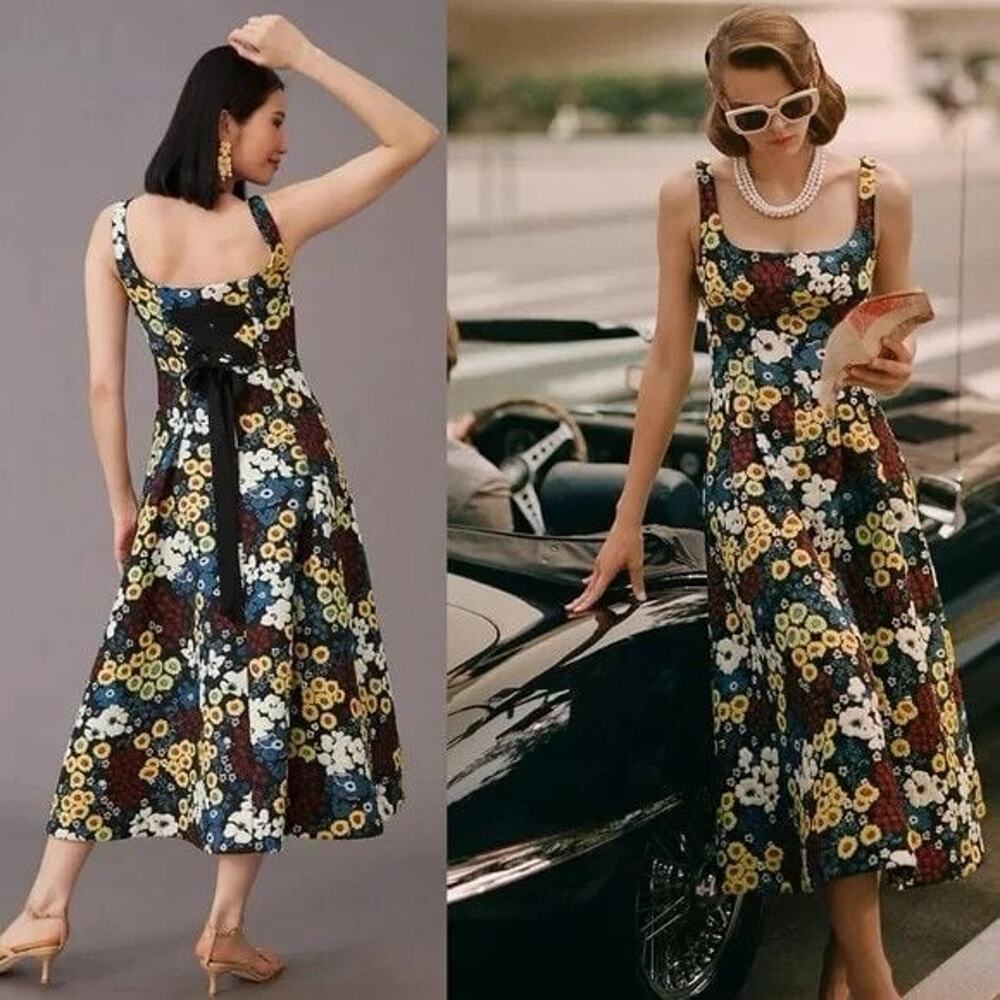 Anthropologie Floral Midi Dress in Black, Yellow, White, Blue